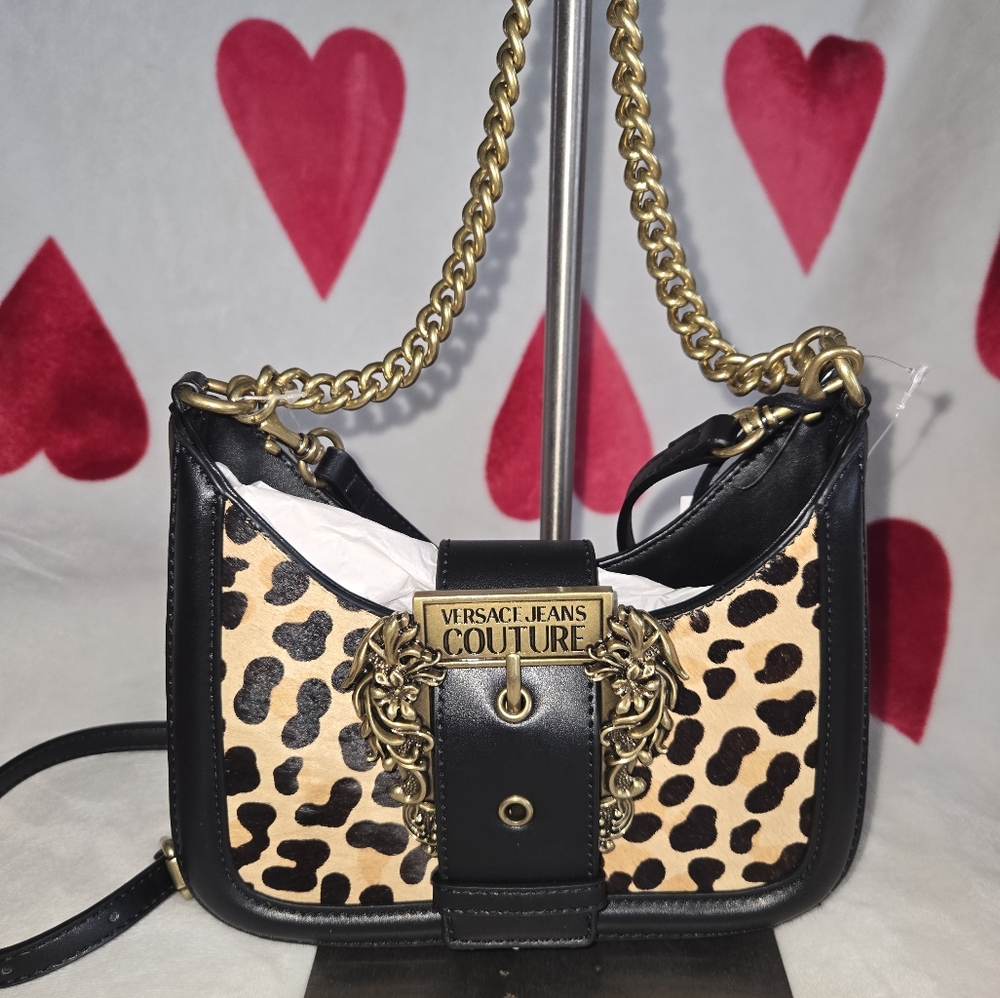 Versace Jeans Couture Black and Tan Leopard Print Crossbody
